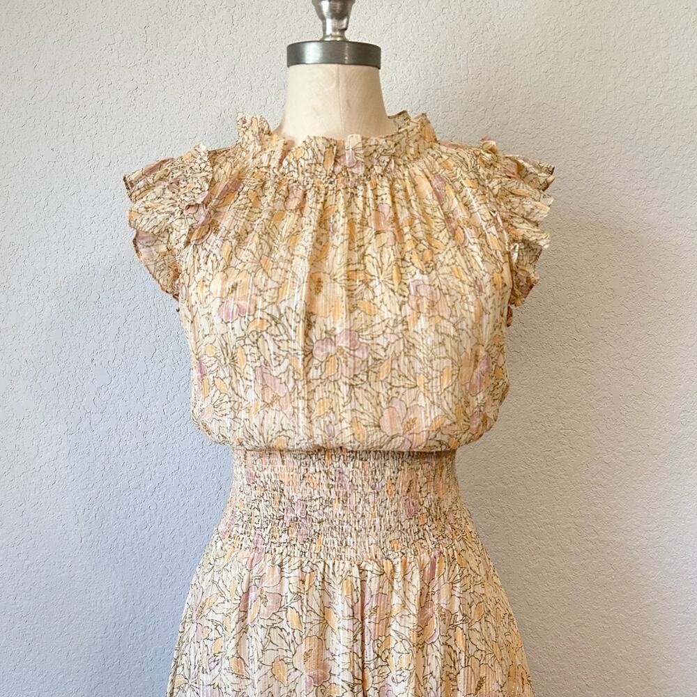 REBECCA TAYLOR Dress Cream Floral Silk Ruffled Smocked Metallic Party - Picture 3 of 12